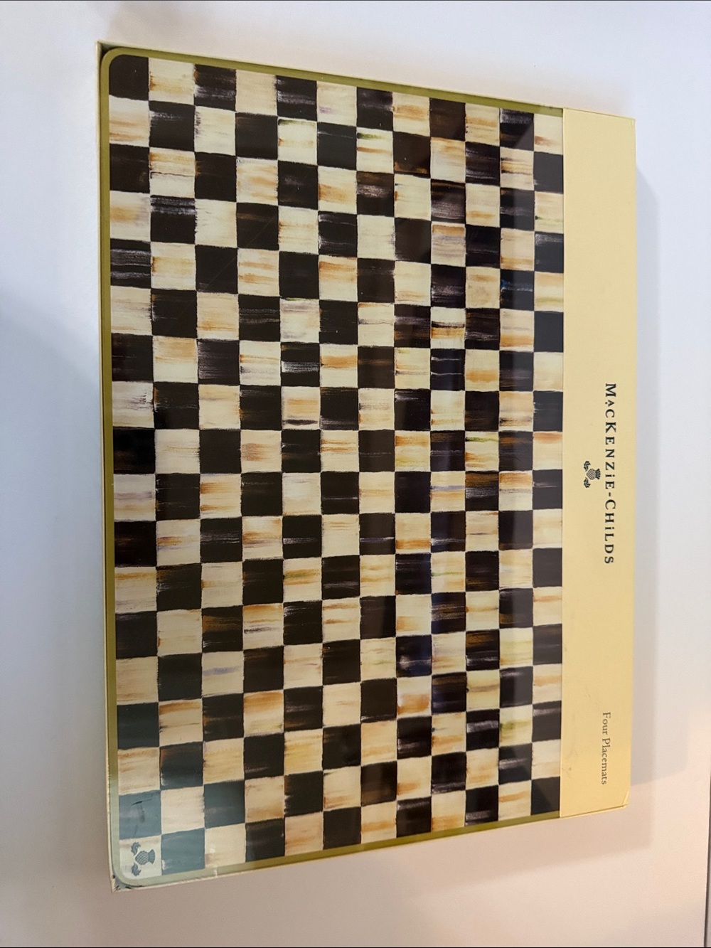 MacKenzie-Childs Vintage Black and Cream Checkered Serving Tray with Gold Edge